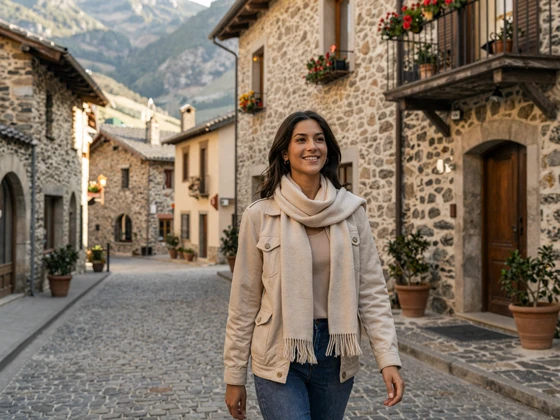 Andorran woman walking through historic stone streets of Andorra la Vella with Pyrenees mountain views - Andorran dating lifestyle