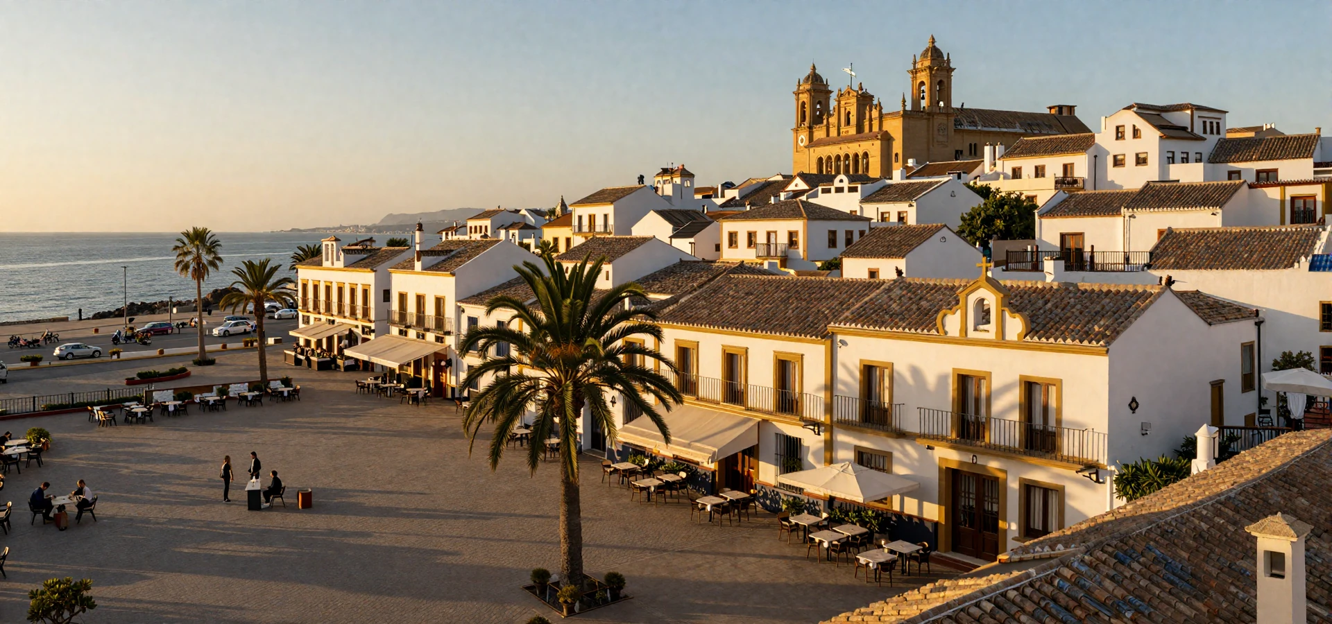 Mediterranean Spanish coastal city at golden hour with terracotta rooftops - Spanish women dating scene