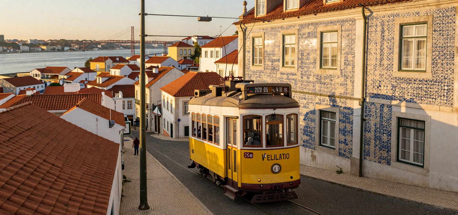 Lisbon Portugal cityscape at golden hour with iconic yellow tram and terracotta rooftops - Portuguese women dating scene