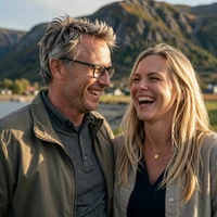 American man and Swedish woman laughing together outdoors
