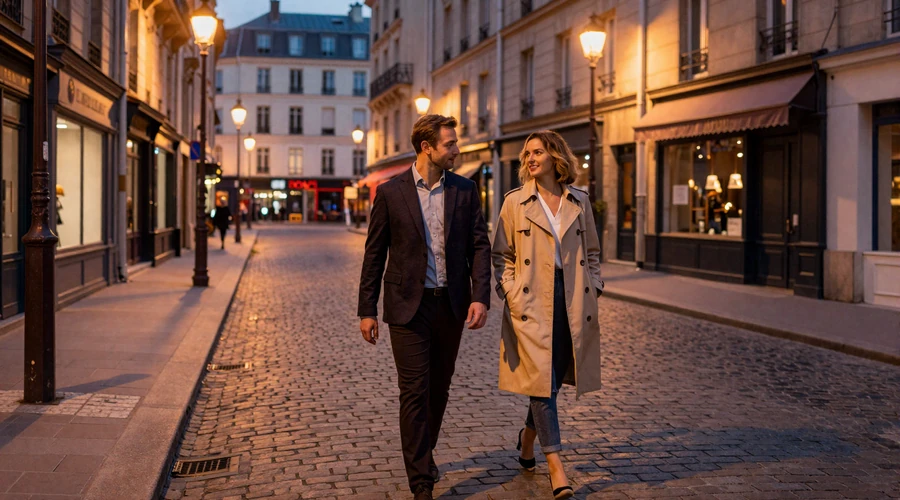 Couple walking along a cobblestone Parisian street at dusk - French dating culture romance