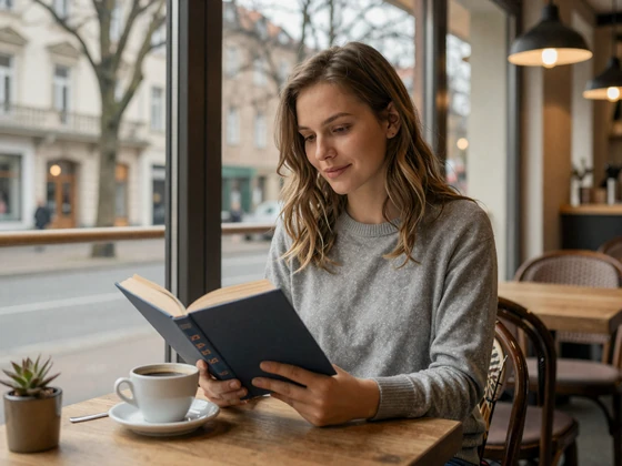 German woman relaxing at a cozy Berlin café with a book and coffee - German dating lifestyle