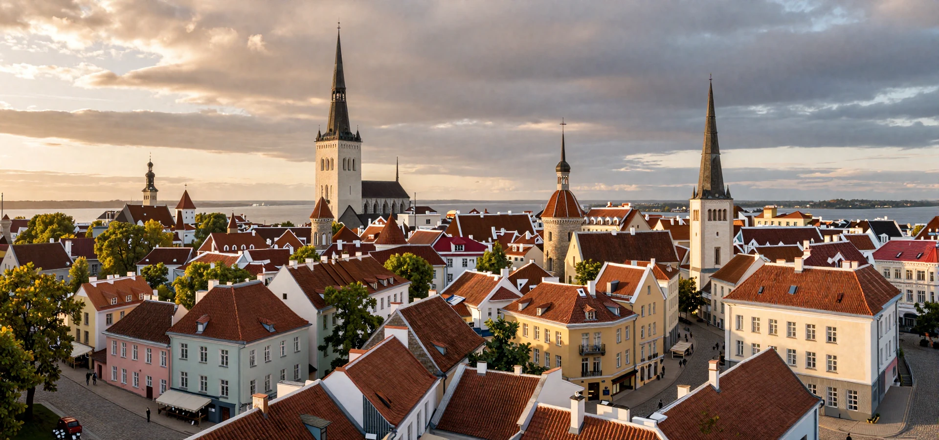Tallinn Old Town skyline with medieval towers and Baltic Sea at golden hour - Estonian women dating romance setting