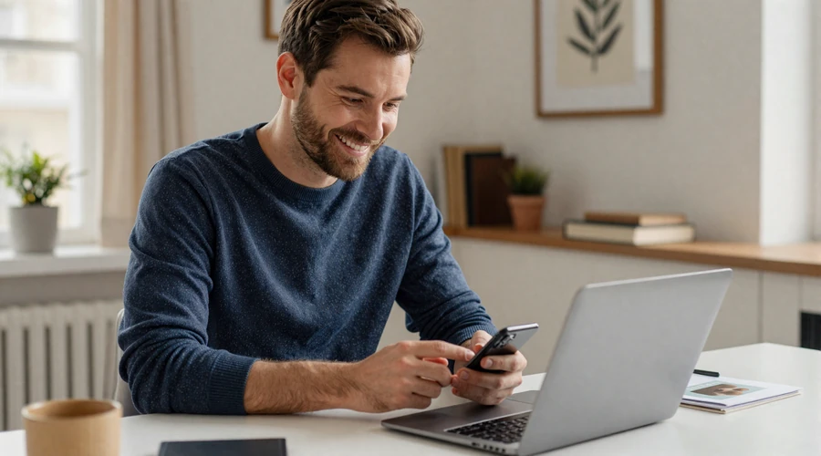 American man smiling while typing a thoughtful online dating message on his smartphone - how to keep conversation going