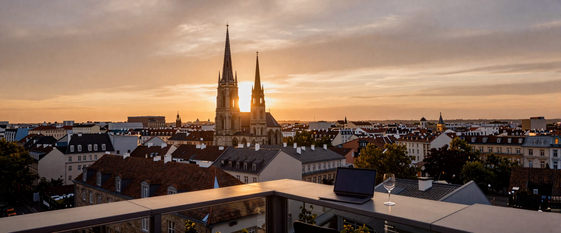 European city skyline at golden hour with a cozy balcony setup for a long-distance video date