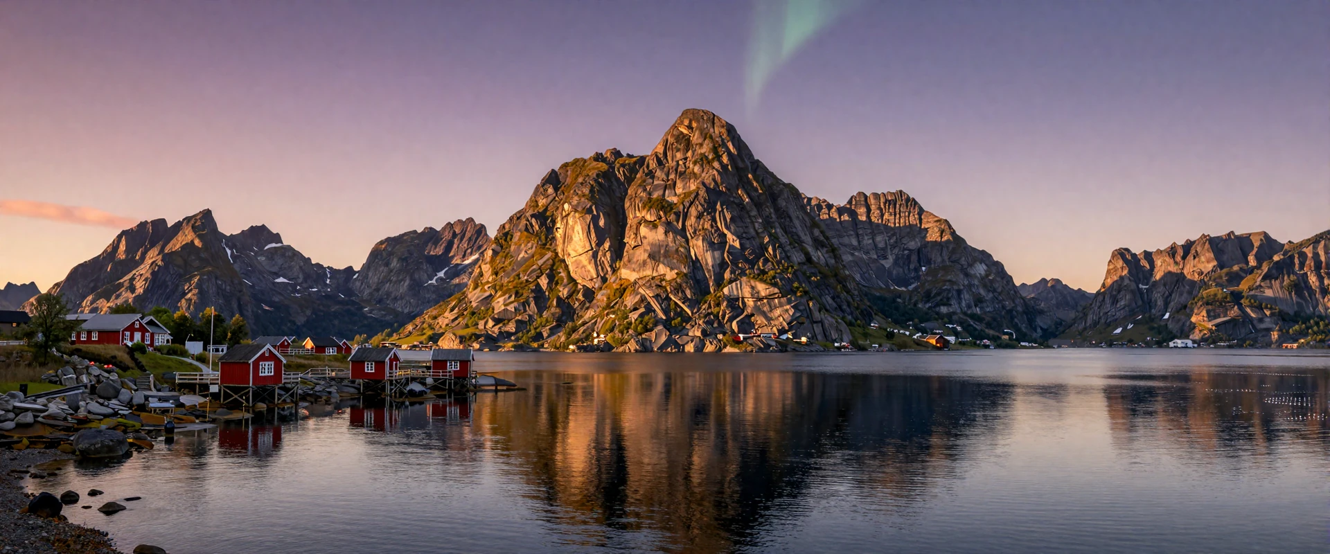 Stunning Norwegian fjord at sunset with northern lights and a cozy red cabin - Scandinavian dating culture landscape