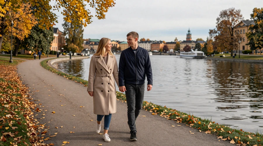 Couple walking along Stockholm Djurgården waterfront in autumn - Swedish dating lifestyle