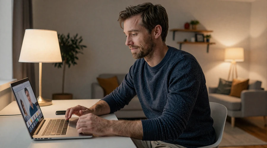 American man verifying his date's identity through a video call on a dating platform