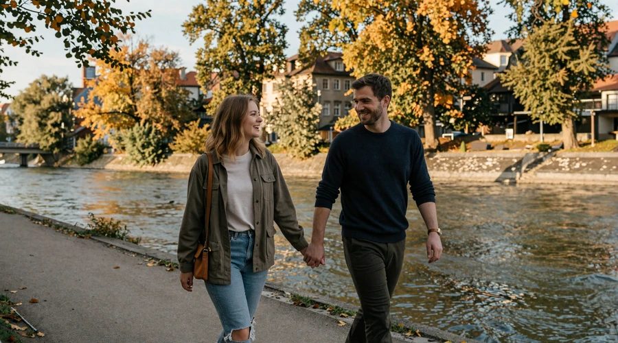 Couple walking along the Isar river in Munich during autumn - German dating culture experience