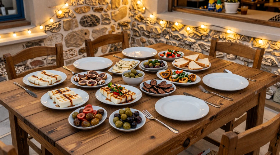 Traditional Cypriot meze dinner spread with halloumi and grilled meats at a Mediterranean taverna - dating culture in Cyprus