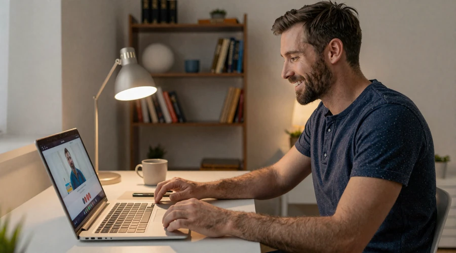 American man smiling during a video call with a European woman - keeping the online dating conversation going