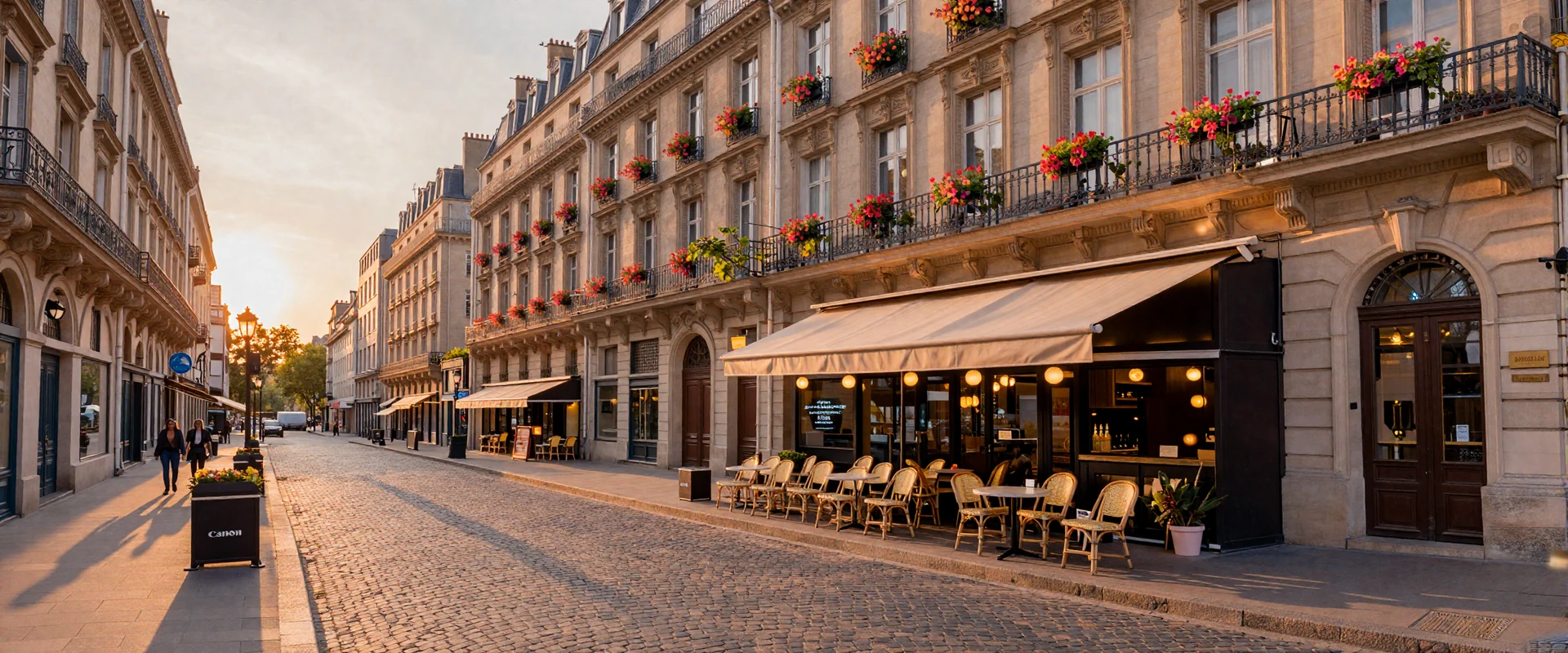 Romantic European city boulevard at sunset with outdoor cafes and historic architecture