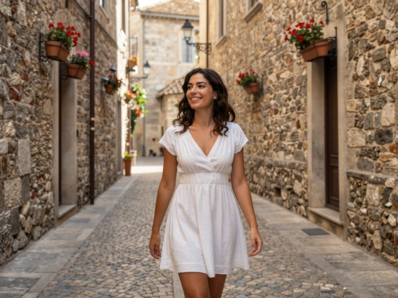 San Marinese woman walking through historic medieval streets of San Marino City at golden hour - San Marinese dating lifestyle