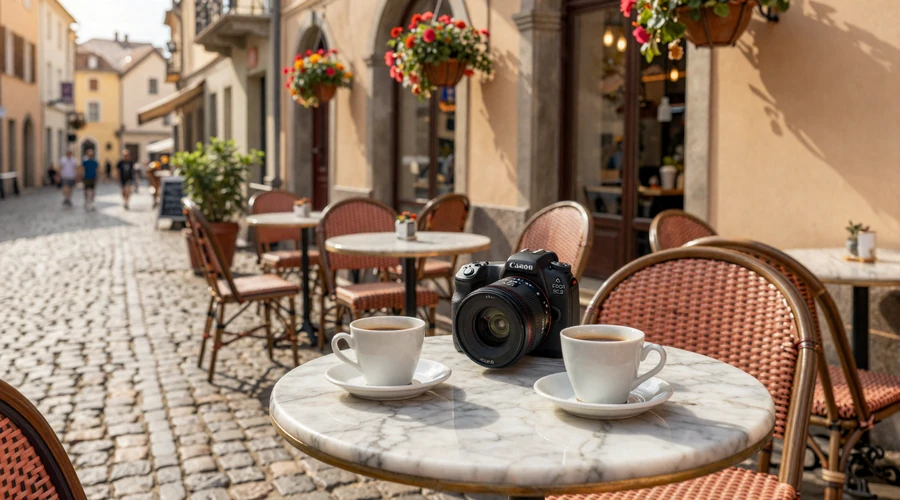 Cozy European outdoor cafe with coffee cups on a marble table - perfect setting for a first date with a European woman