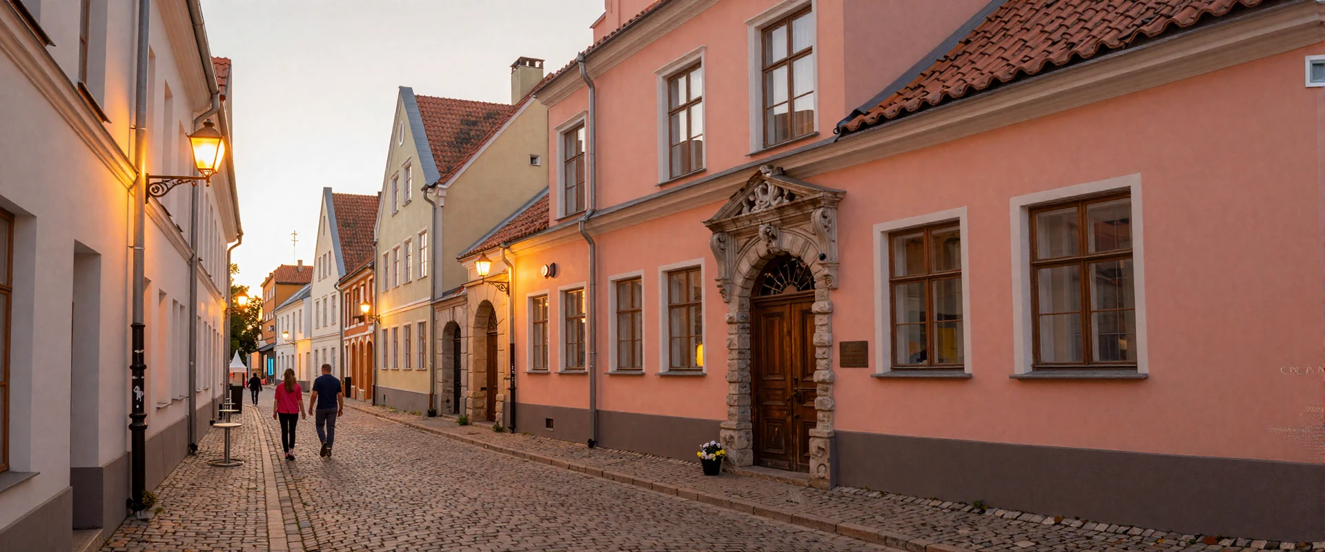 Charming Baltic old town street at golden hour - safe setting for international dating