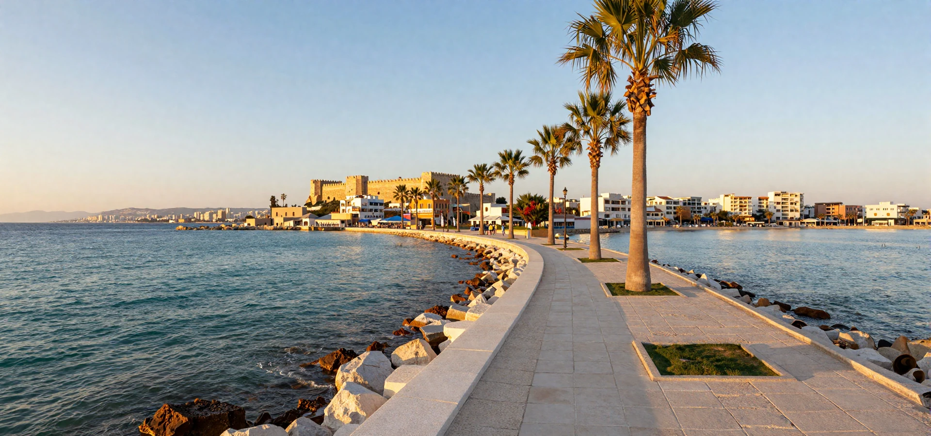 Limassol seaside promenade at golden hour with turquoise Mediterranean waters - Cypriot women dating scene