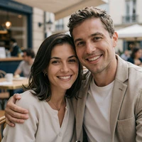 Happy American-European couple smiling in a European cafe